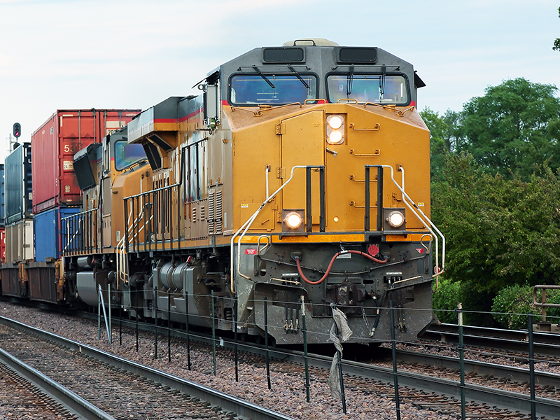 A train hauling shipment containers.