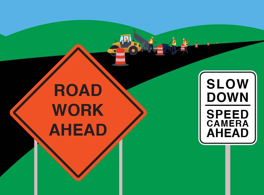 Road Work Ahead / Slow Down, Speed Camera Ahead
